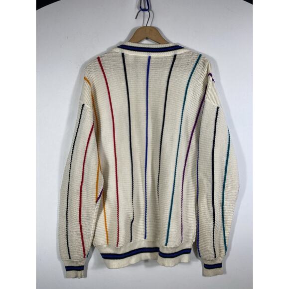 Vintage OP Cardigan Sweater Mens Large Rainbow Stripe White Chunky Knit Grandpa - Picture 11 of 13